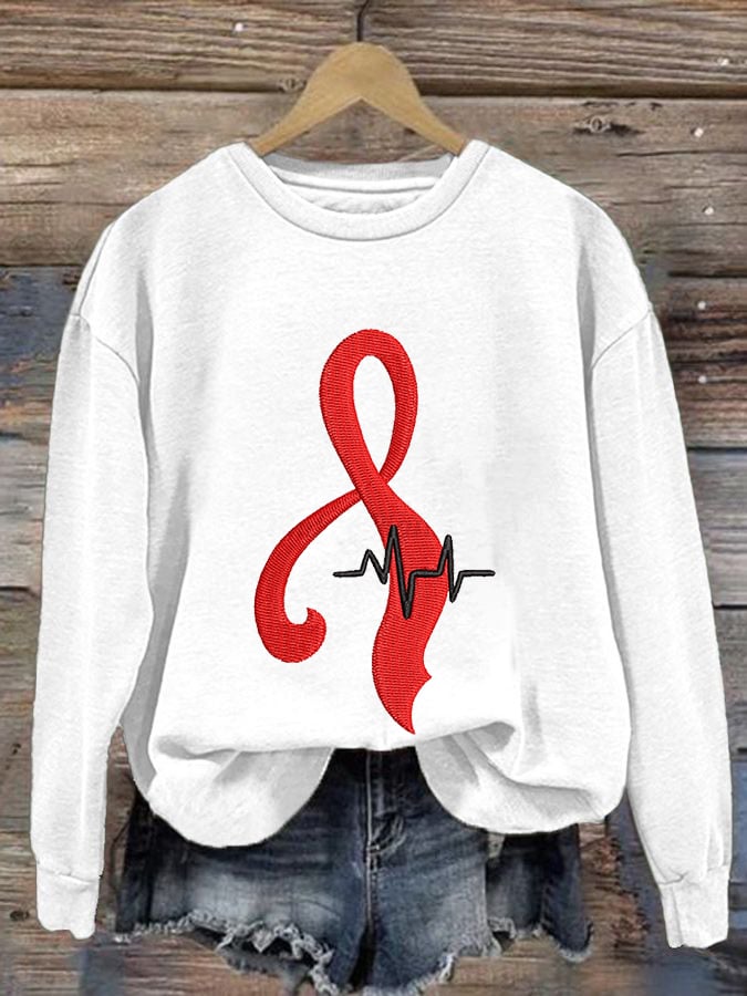 Women's Casual Heart Disease Awareness Printed Long-Sleeve Sweatshirt
