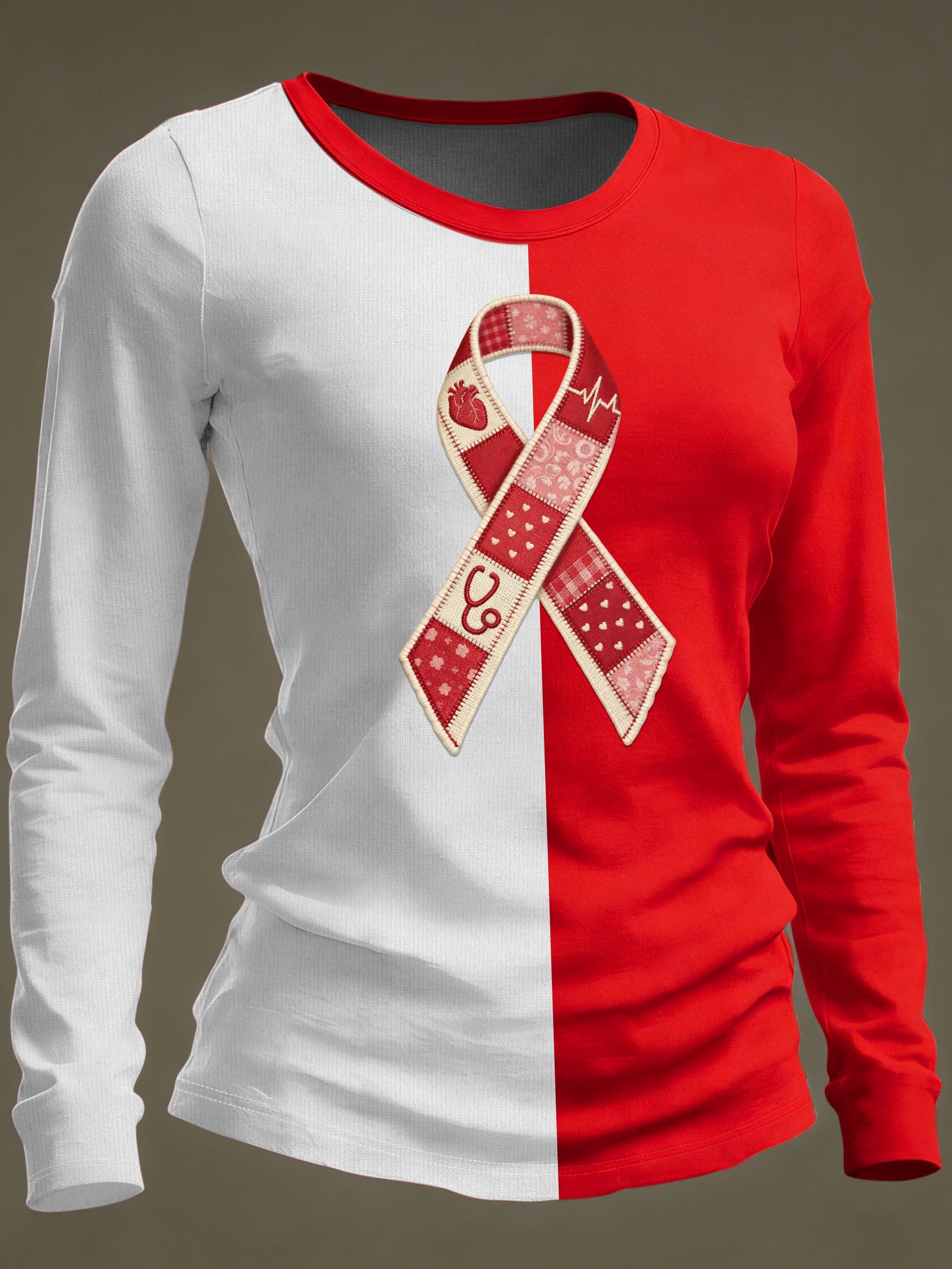 Women's Casual Heart Disease Awareness Print Long-Sleeve T-Shirt