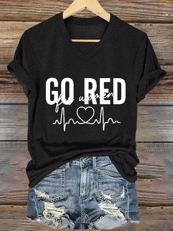 Women's Casual Heart Disease Awareness Printed Short-Sleeve T-Shirt