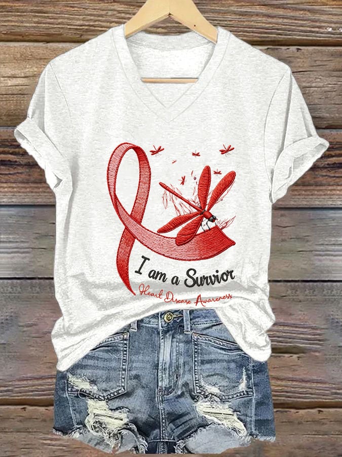 Women's Casual Heart Disease Awareness Printed Short-Sleeve T-Shirt
