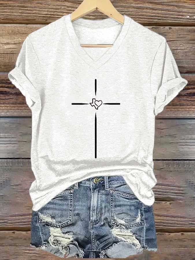 Women's Texas Faith Cross Printed Casual T-Shirt