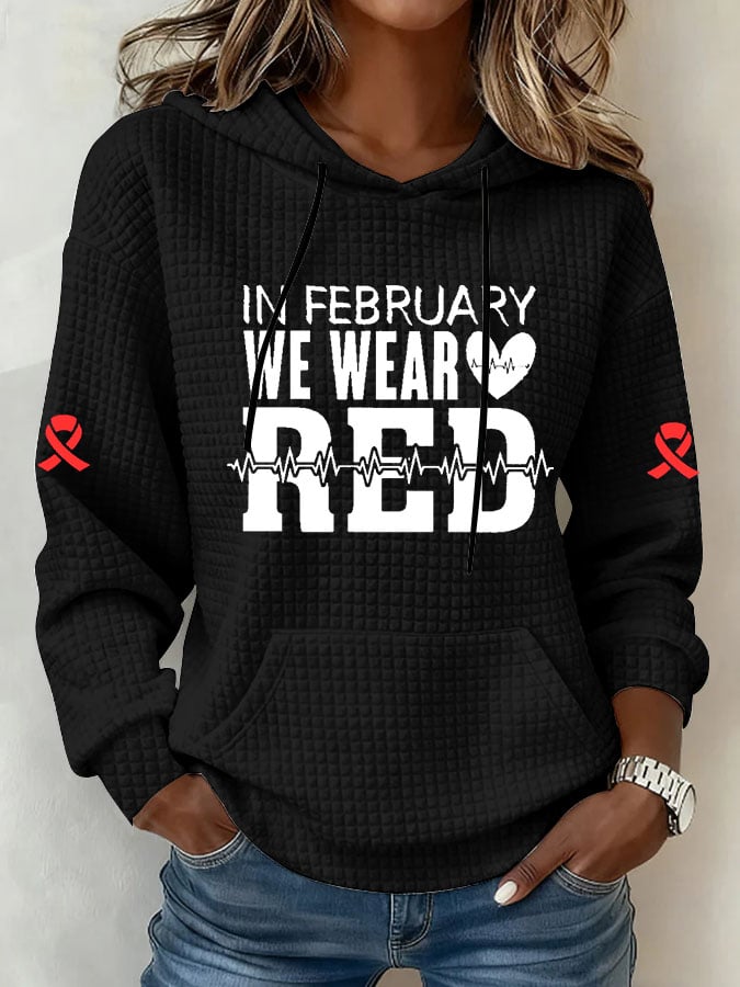 Women's Heart Disease Awareness Printed Square Hooded Sweatshirt
