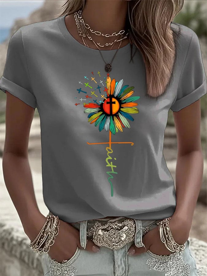 Women's Faith Sunflower Print Crew Neck Casual T-shirt