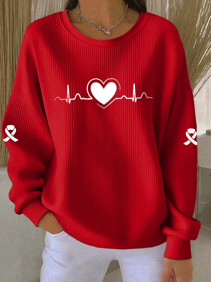 Women's Casual Heart Disease Awareness Print Long Sleeve Knit Top