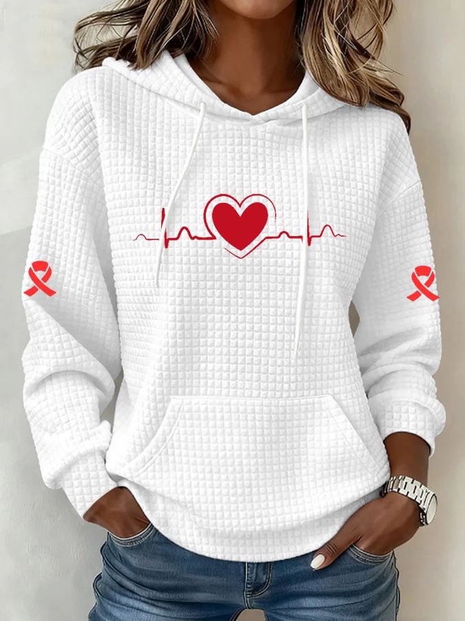 Women's Heart Disease Awareness Printed Square Hooded Sweatshirt