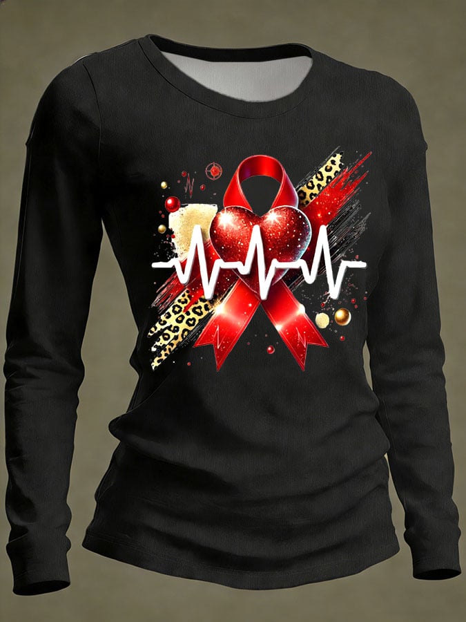 Women's Casual Heart Disease Awareness Print Long-Sleeve T-Shirt