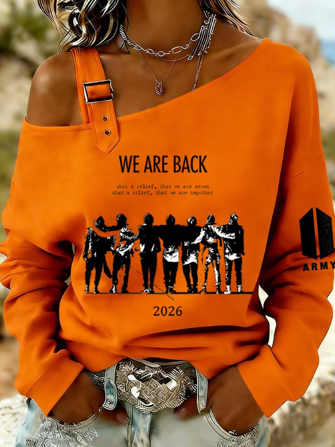 Women's Retro Leisure Print Off-The-Shoulder Sweatshirt