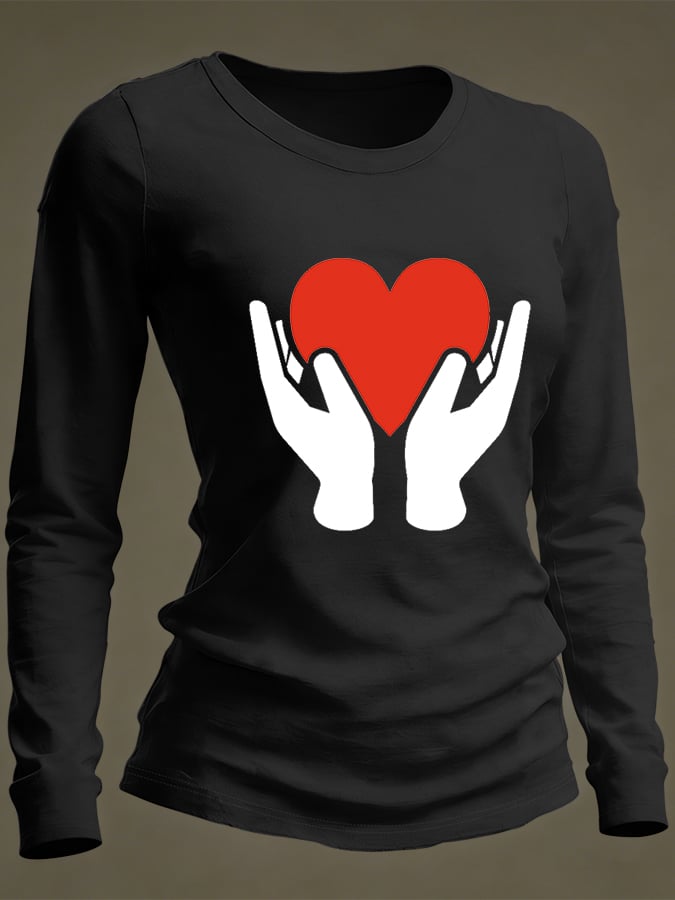 Women's Casual Heart Disease Awareness Print Long-Sleeve T-Shirt