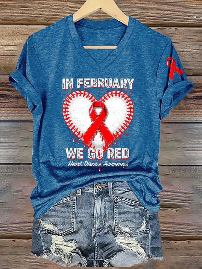Women's Casual Heart Disease Awareness Printed Short-Sleeve T-Shirt