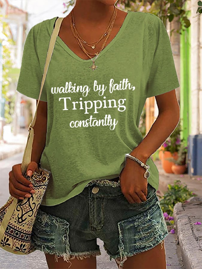 Women's Walking By Faith Tripping Constantly Print T-Shirt