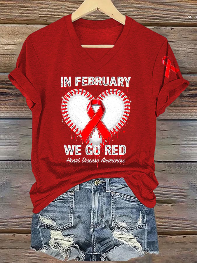 Women's Casual Heart Disease Awareness Printed Short-Sleeve T-Shirt
