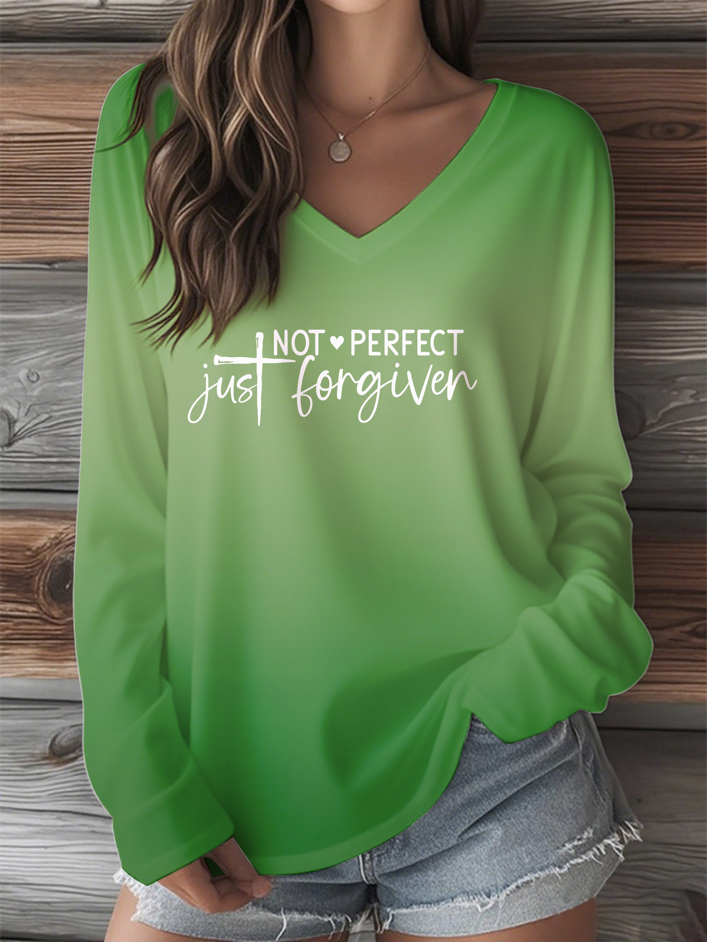 Women's Not Perfect Just Forgiven Printed V-Neck Long Sleeve T-Shirt