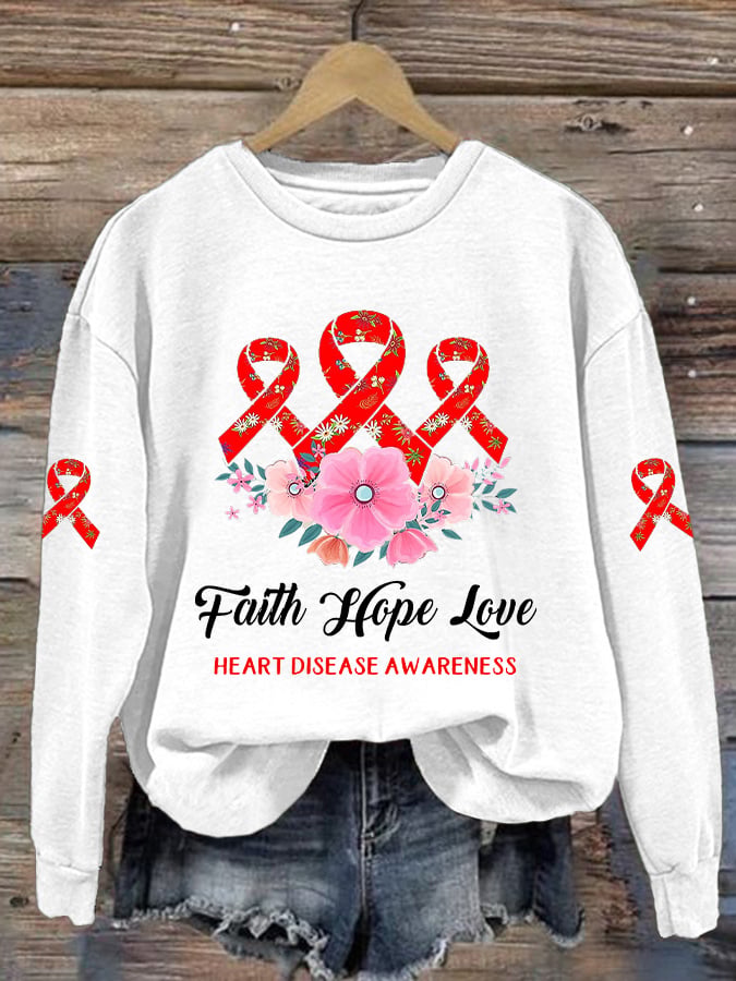 Women's Casual Heart Disease Awareness In February Wear Red Printed Long-Sleeve Sweatshirt