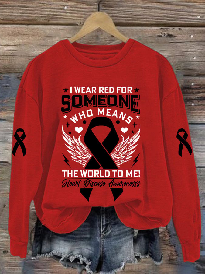 Women's Casual Heart Disease Awareness In February Wear Red Printed Long-Sleeve Sweatshirt