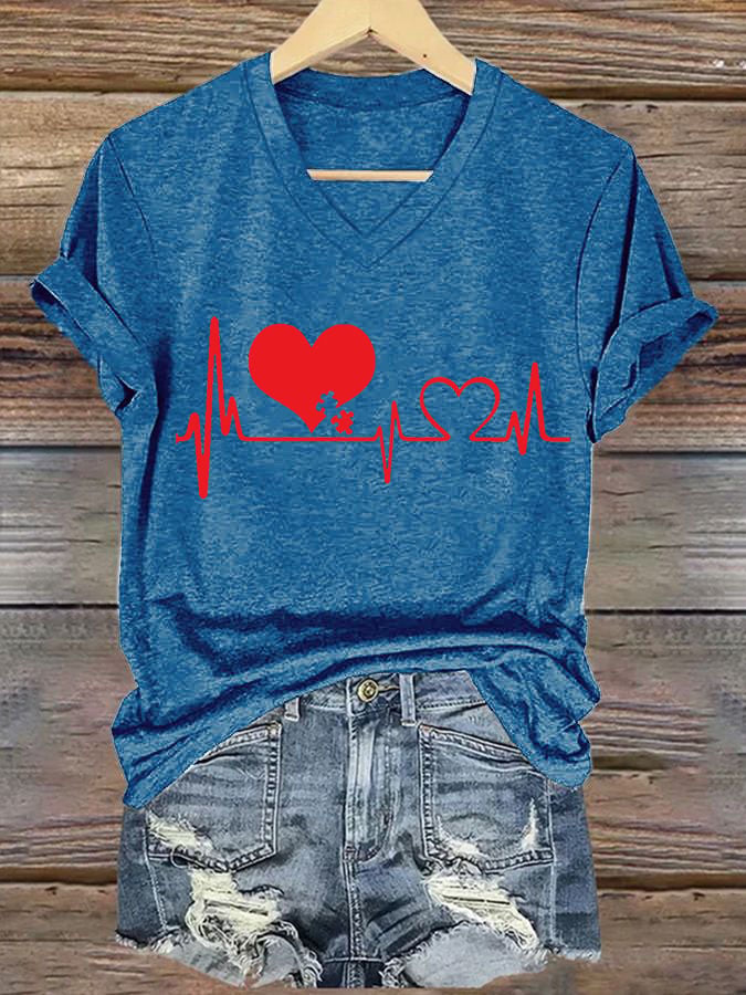 Women's Casual Heart Disease Awareness Printed Short-Sleeve T-Shirt