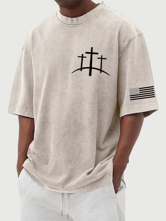Men's Flag Faith Cross Printed Cotton Washed T-Shirt