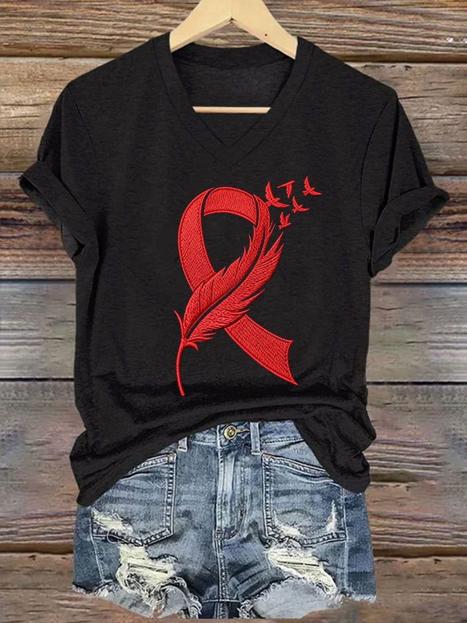 Women's Heart Disease Awareness Red Ribbon Print Casual T-shirt