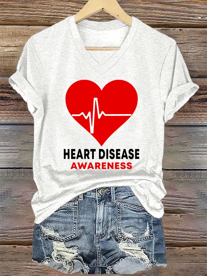 Women's Casual Heart Disease Awareness Printed Short-Sleeve T-Shirt