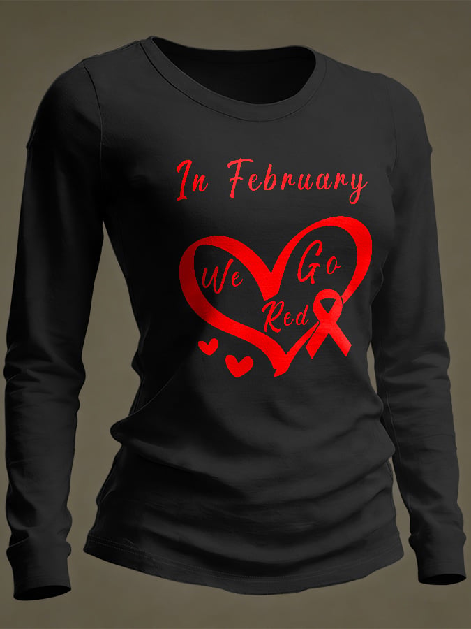Women's Casual Heart Disease Awareness Print Long-Sleeve T-Shirt