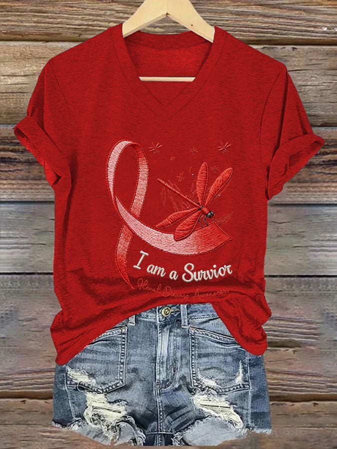 Women's Casual Heart Disease Awareness Printed Short-Sleeve T-Shirt