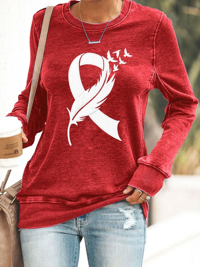 Women's Sweatshirt With Heart Disease Awareness Red Ribbon Print