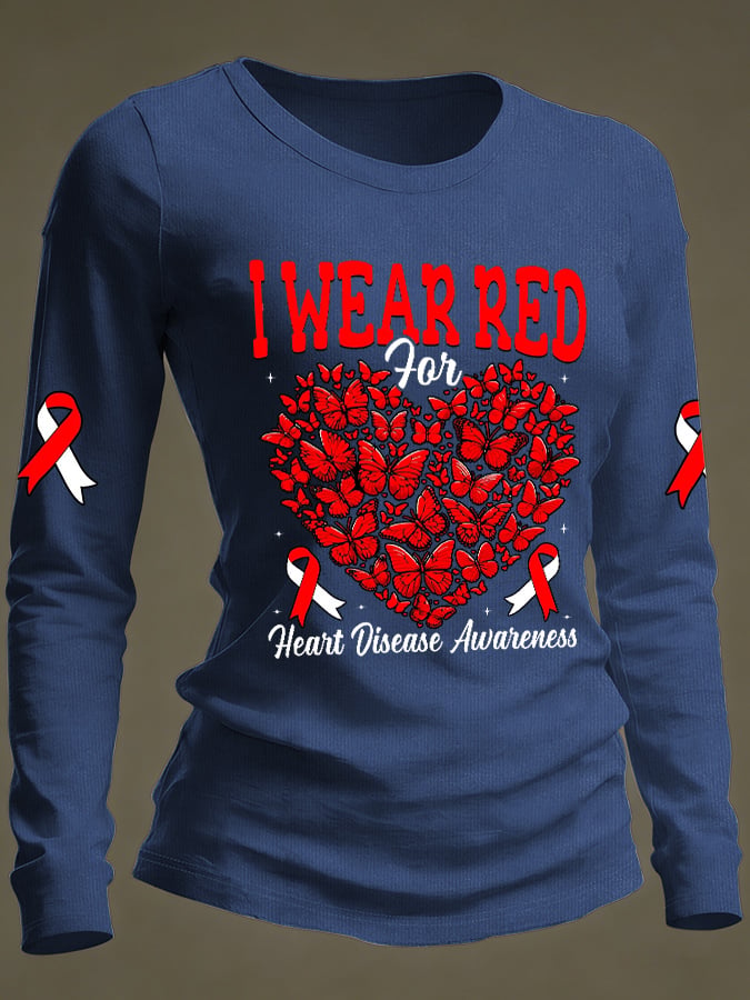 Women's Casual Heart Disease Awareness Print Long-Sleeve T-Shirt