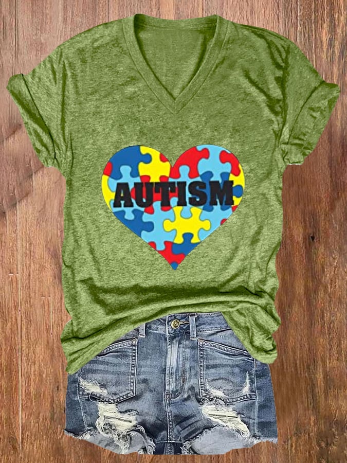 Women'S Autism Print V Neck Casual T-Shirt
