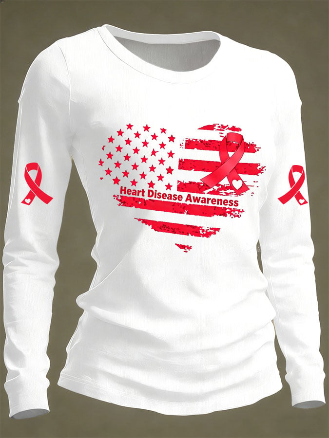 Women's Casual Heart Disease Awareness Print Long-Sleeve T-Shirt