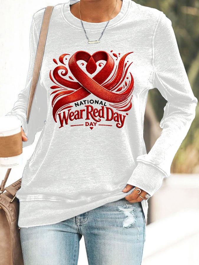 Women's Sweatshirt With Heart Disease Awareness Red Ribbon Print