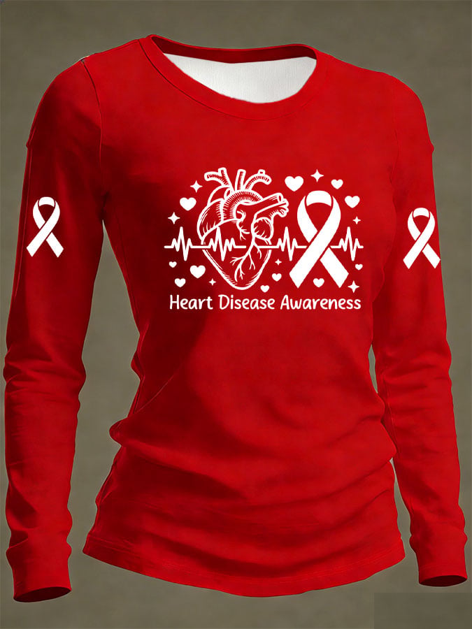 Women's Casual Heart Disease Awareness Print Long-Sleeve T-Shirt
