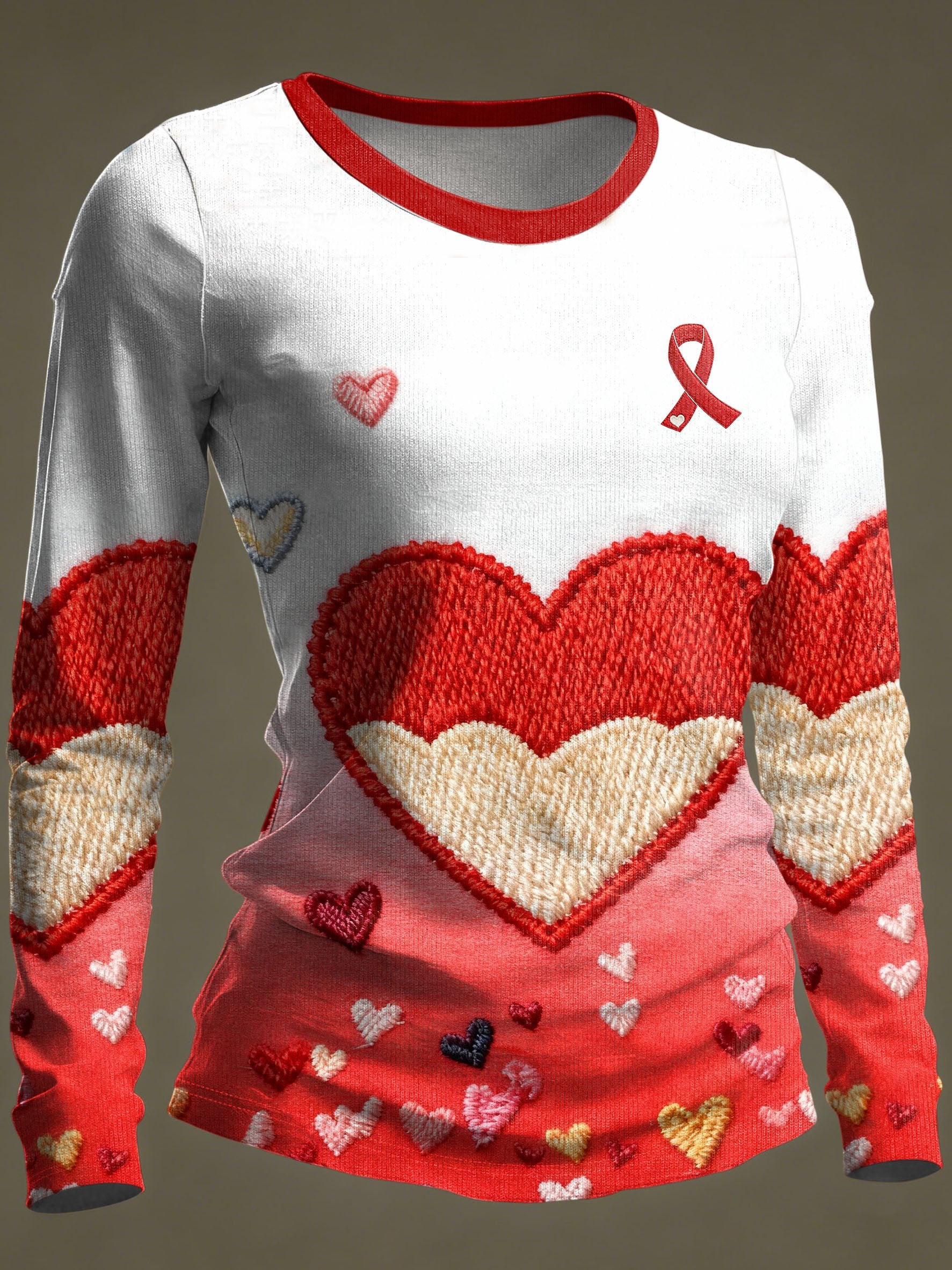 Women's Casual Heart Disease Awareness Print Long-Sleeve T-Shirt