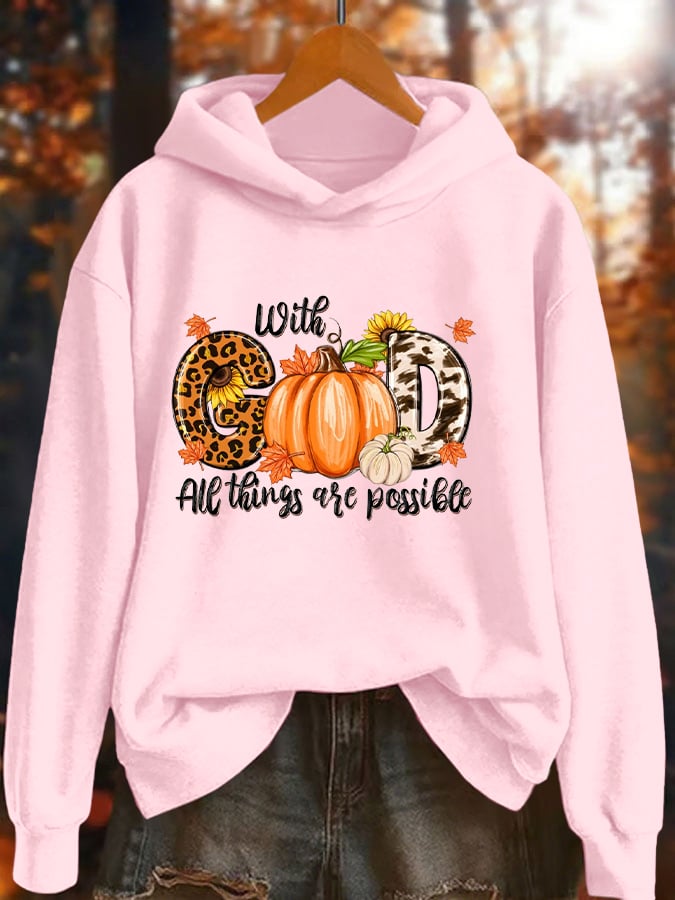 Women's With God All Things Are Possible Pumpkins Printed Hoodie