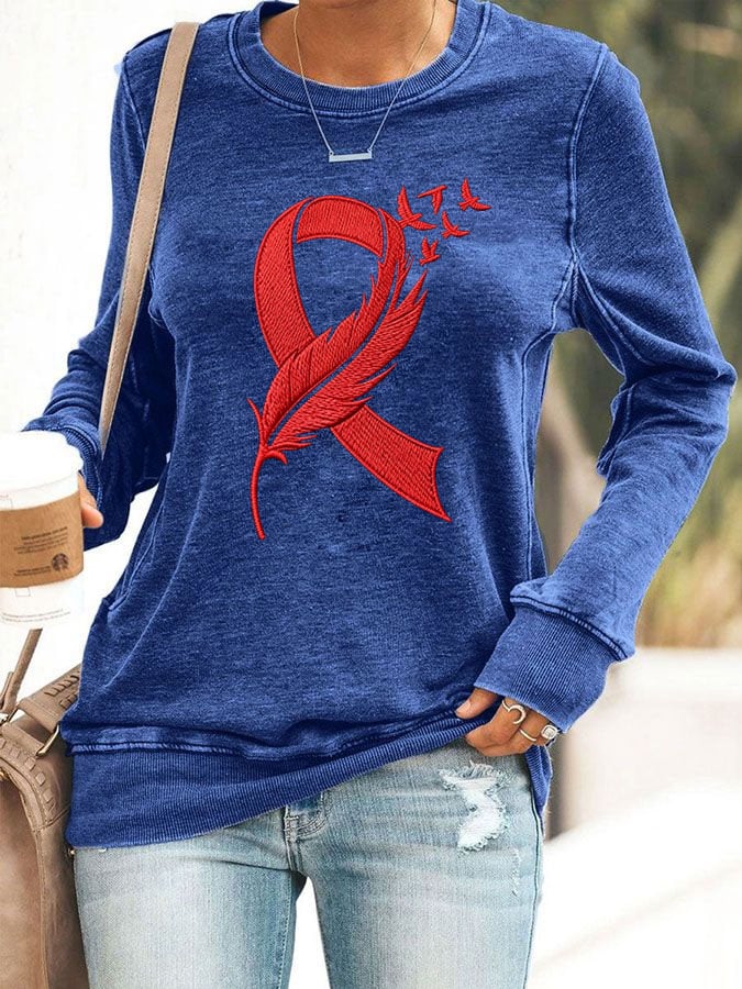Women's Sweatshirt With Heart Disease Awareness Red Ribbon Print