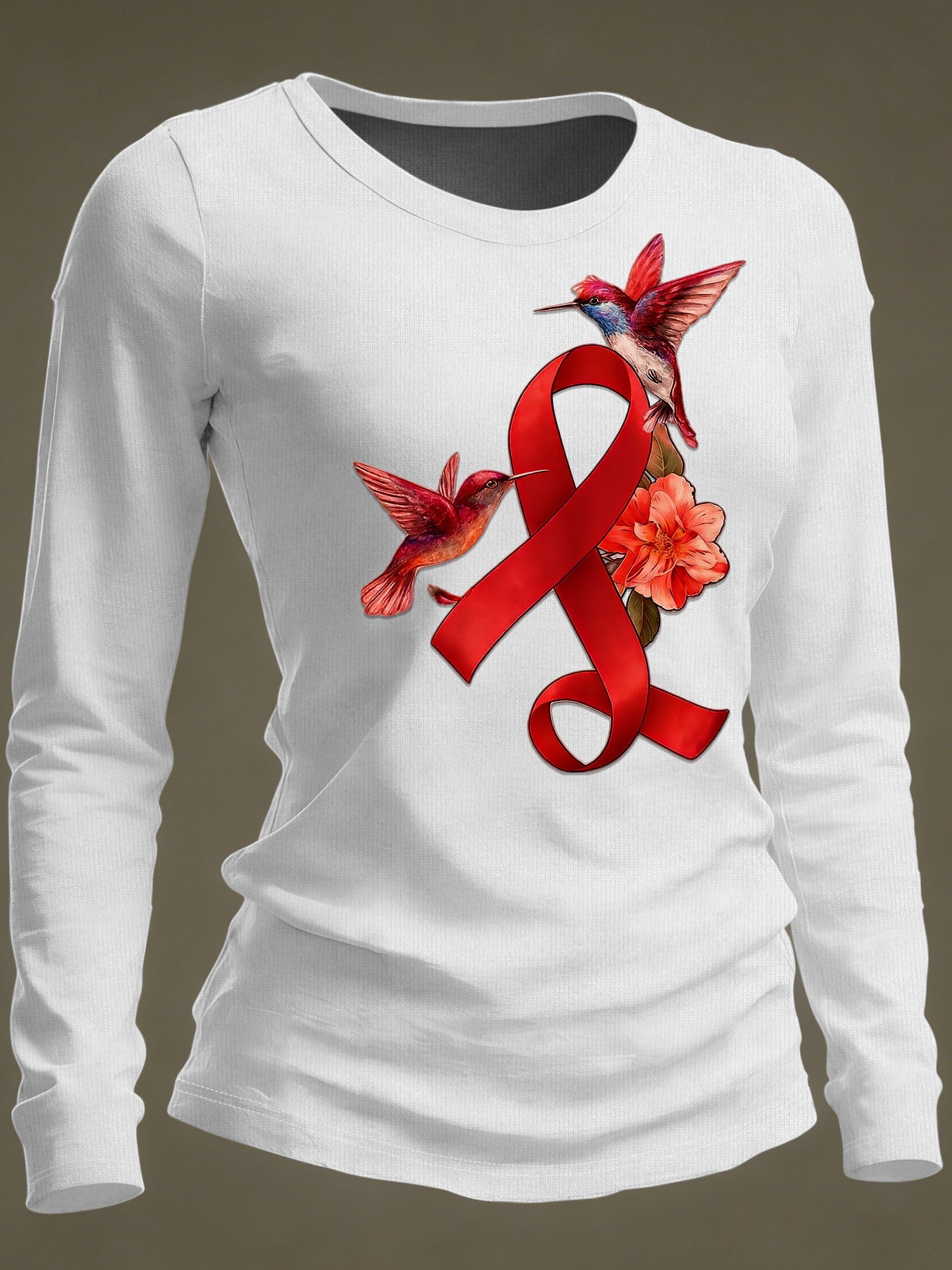 Women's Casual Heart Disease Awareness Print Long-Sleeve T-Shirt