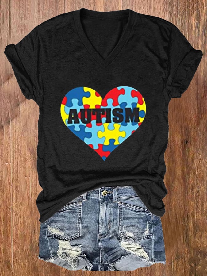 Women'S Autism Print V Neck Casual T-Shirt