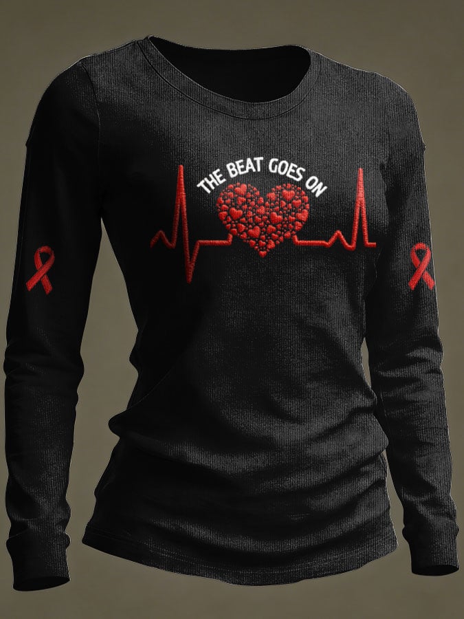 Women's Casual Heart Disease Awareness Print Long-Sleeve T-Shirt