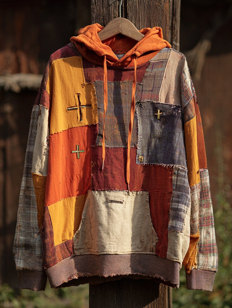 Men's Retro Casual Faith Cross Art Print Hoodie