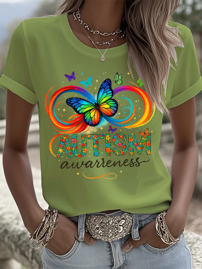 Retro Autism Awareness Butterfly Infinity Print T-Shirt