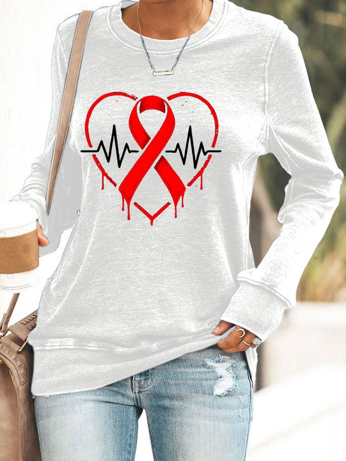 Women's Casual Heart Disease Awareness Printed Sweatshirt