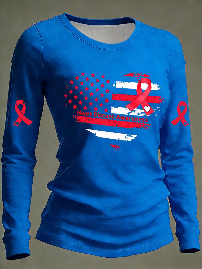 Women's Casual Heart Disease Awareness Print Long-Sleeve T-Shirt