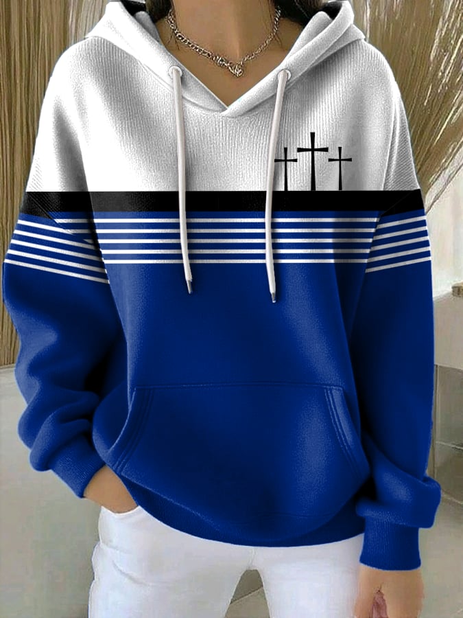 Women's Retro Faith Cross Print Casual Hooded Sweatshirt