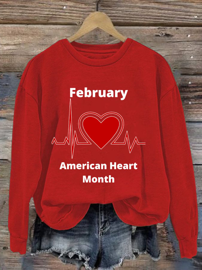 Women's Casual Heart Disease Awareness In February Wear Red Printed Long-Sleeve Sweatshirt