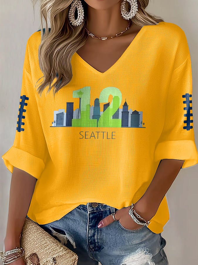 Women's Rugby Print Waffle Long Sleeve T-Shirt