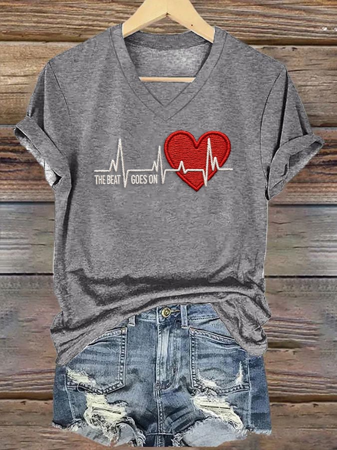 Women's Casual Heart Disease Awareness T-shirt (THE BEAT GOES ON)