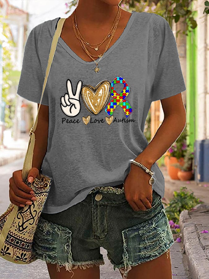 Women's Peace love Autism V Neck Short Sleeve T-Shirt