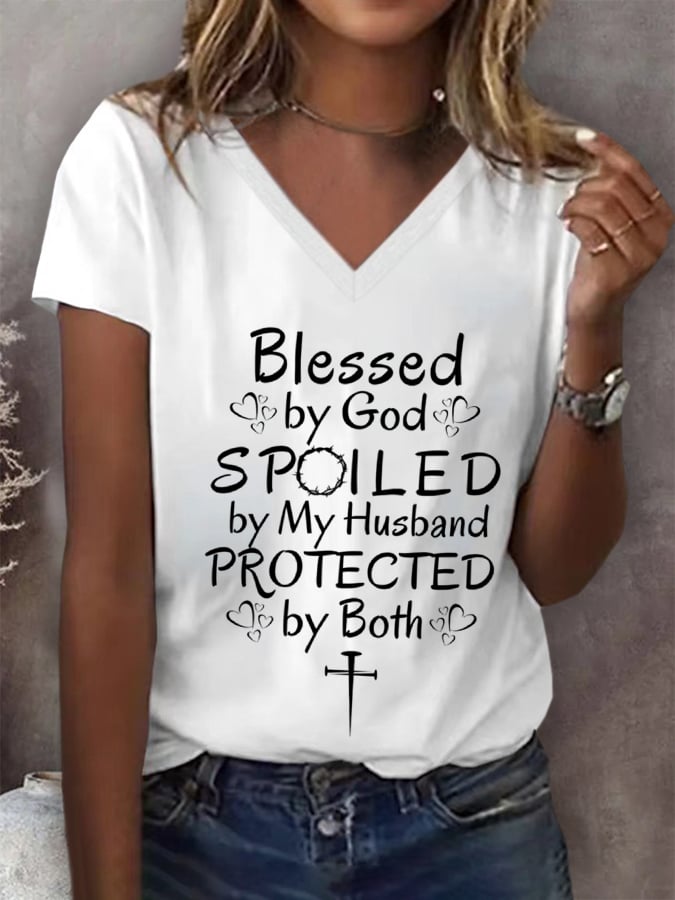 Women's Blessed by God Spoiled by my Husband Protected by Both Print T-Shirt