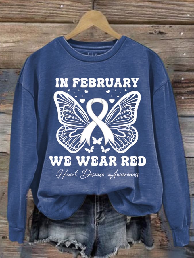 Women's Casual Heart Disease Awareness In February Wear Red Printed Long-Sleeve Sweatshirt
