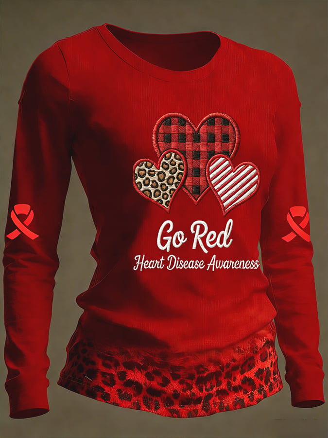 Women's Casual Heart Disease Awareness Print Long-Sleeve T-Shirt