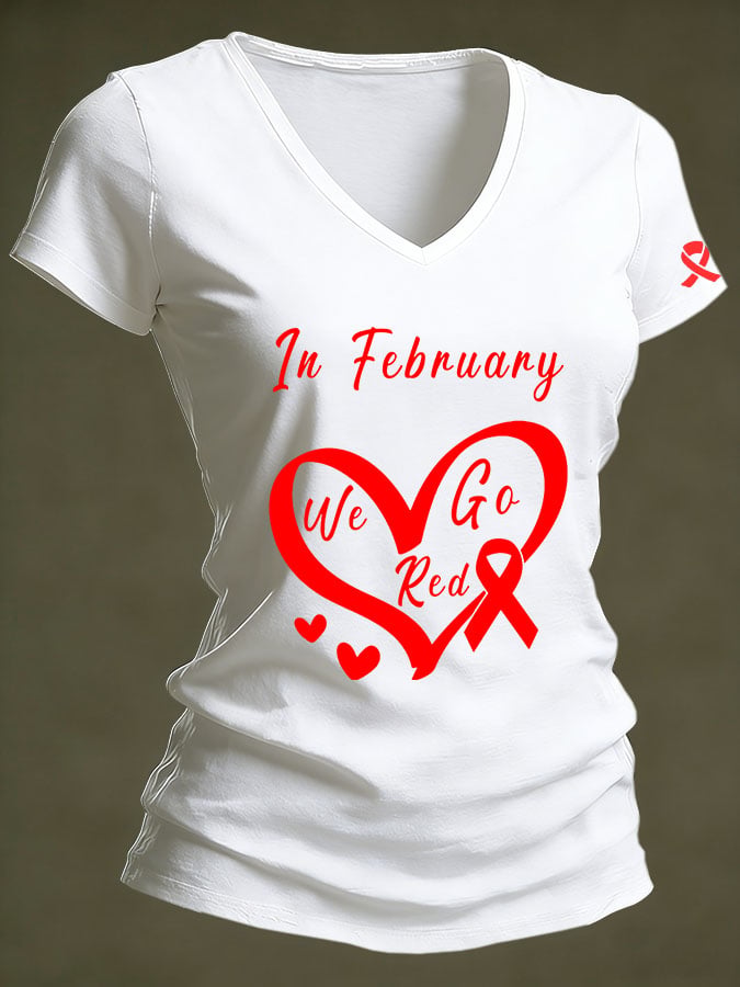 Women's Casual Heart Disease Awareness Printed Short-Sleeve T-Shirt