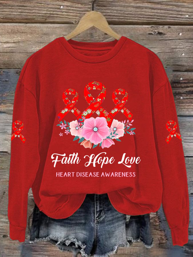 Women's Casual Heart Disease Awareness In February Wear Red Printed Long-Sleeve Sweatshirt